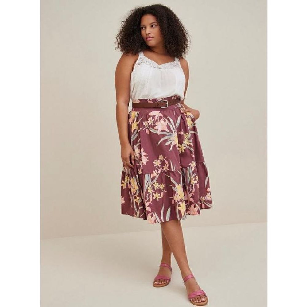 Torrid Womens Purple Mauve Tropical Floral Print Tiered Midi Skirt large new